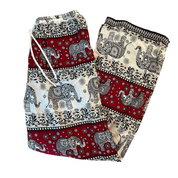 Elephant  Abstract Boho Wide Leg Yoga Palazzo Pants Red White Rayon Woman Medium - Picture 1 of 6